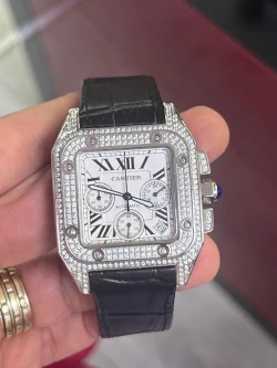 Diamond-Set Cartier Santos 100 Chronograph with White Dial