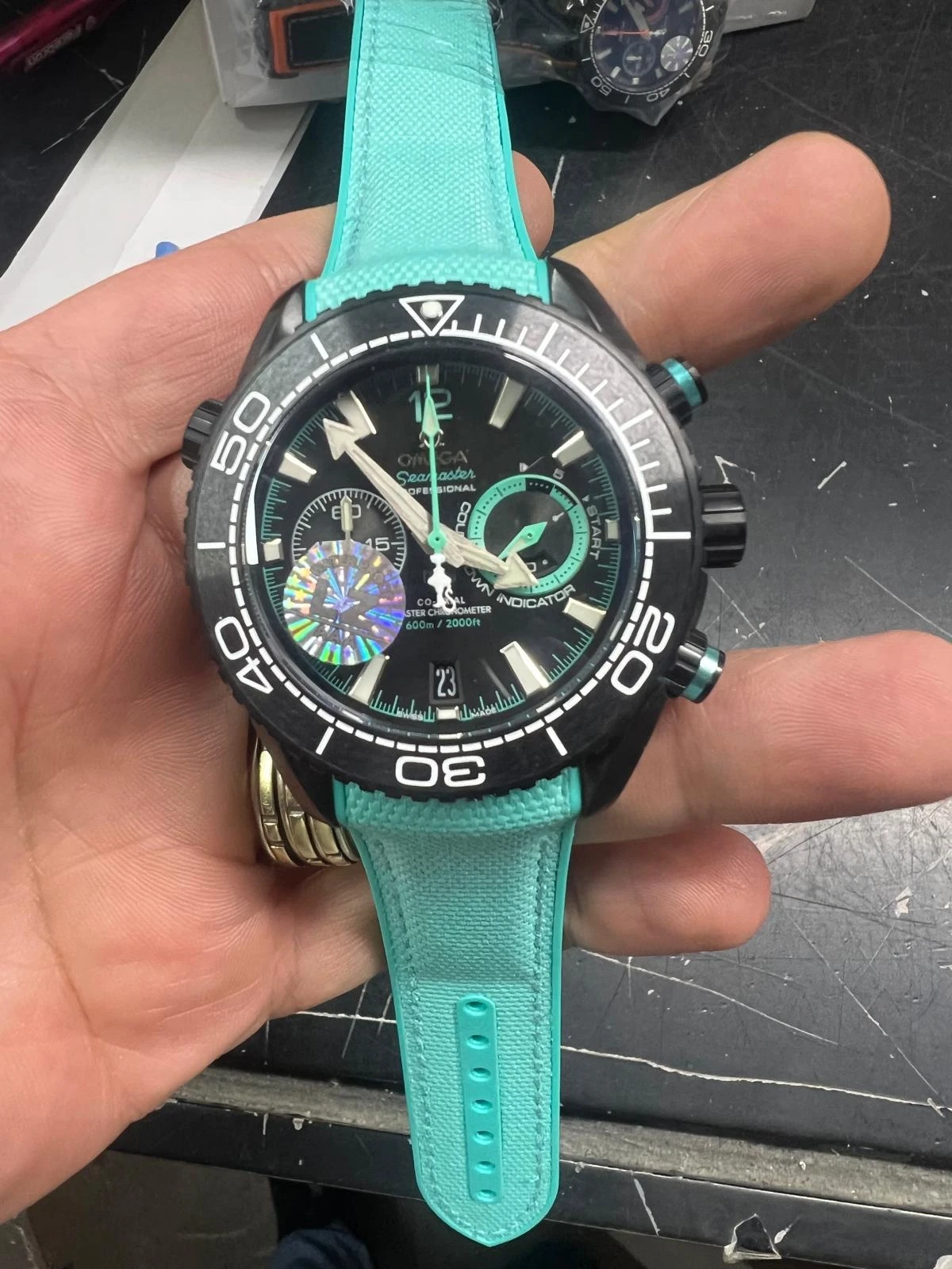 Omega Seamaster Planet Ocean Chronograph Black Dial Light Blue Strap Men's Watch Omega Seamaster Planet Ocean Chronograph Black Dial Light Blue Strap Men's Watch