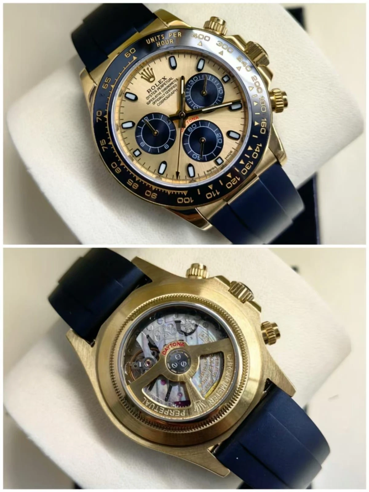 Customized Rolex Daytona Gold Dial Black Strap Skeleton Back Customized Rolex Daytona Gold Dial Black Strap Skeleton Back